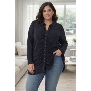 NWT Express Black Ruched Button-Front Tunic Long Sleeve Blouse Women's XL